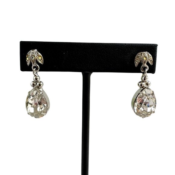 Art Deco Style Tear Drop Clear Rhinestone Earrings With Leaf Accents For Pierced - Picture 5 of 9